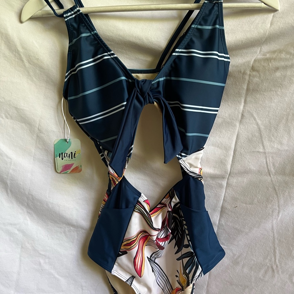 Navy and Floral Cutout Swimsuit
